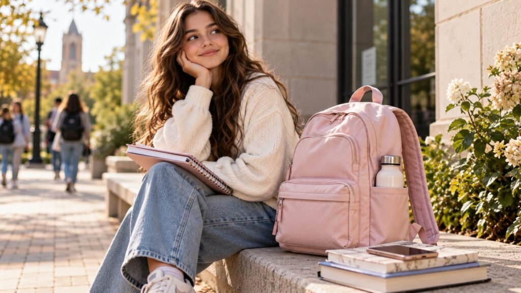 Cute back to school backpack for teenage girls in pastel pink
