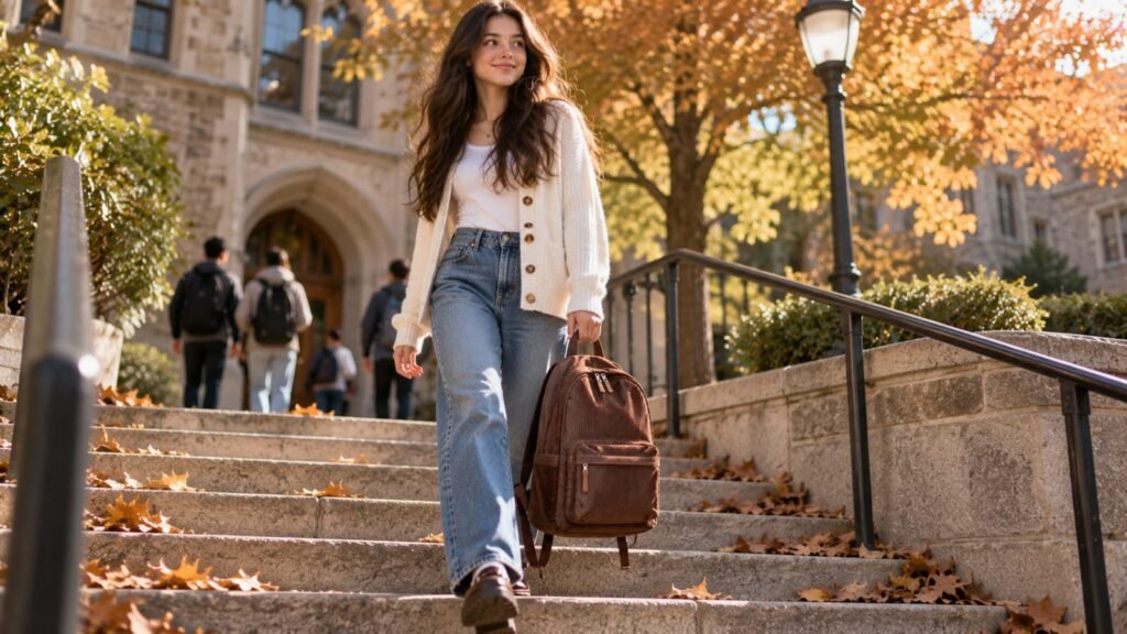 Trendy corduroy backpack for teenage girls on a fall campus walkway