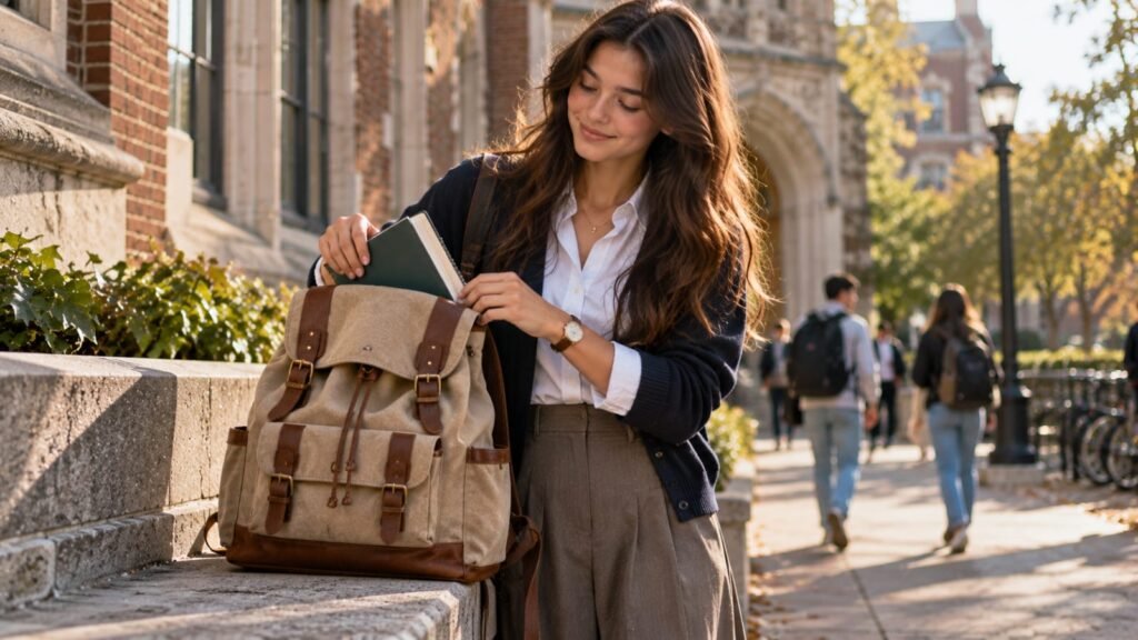 Vintage leather-trimmed backpack for teenage girls with classic canvas design