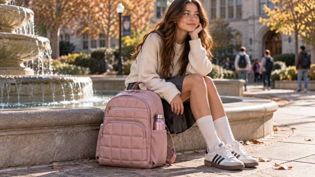 Quilted puffer-style backpack for teenage girls with a cozy winter campus look