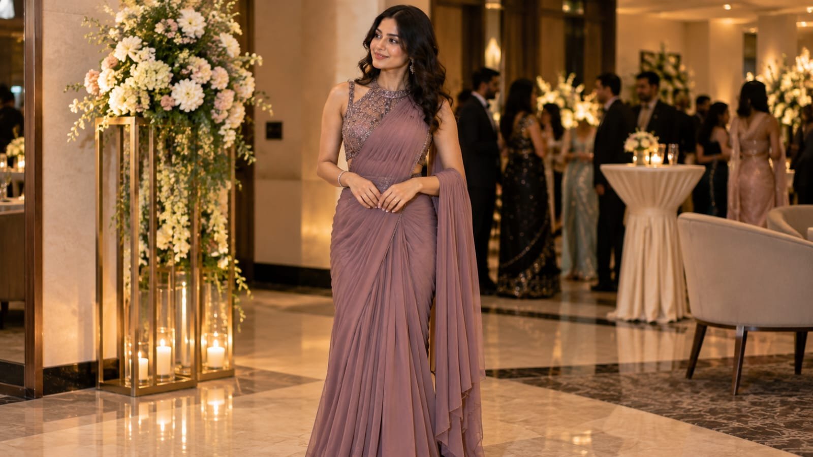 Pre draped saree gown for a formal evening event