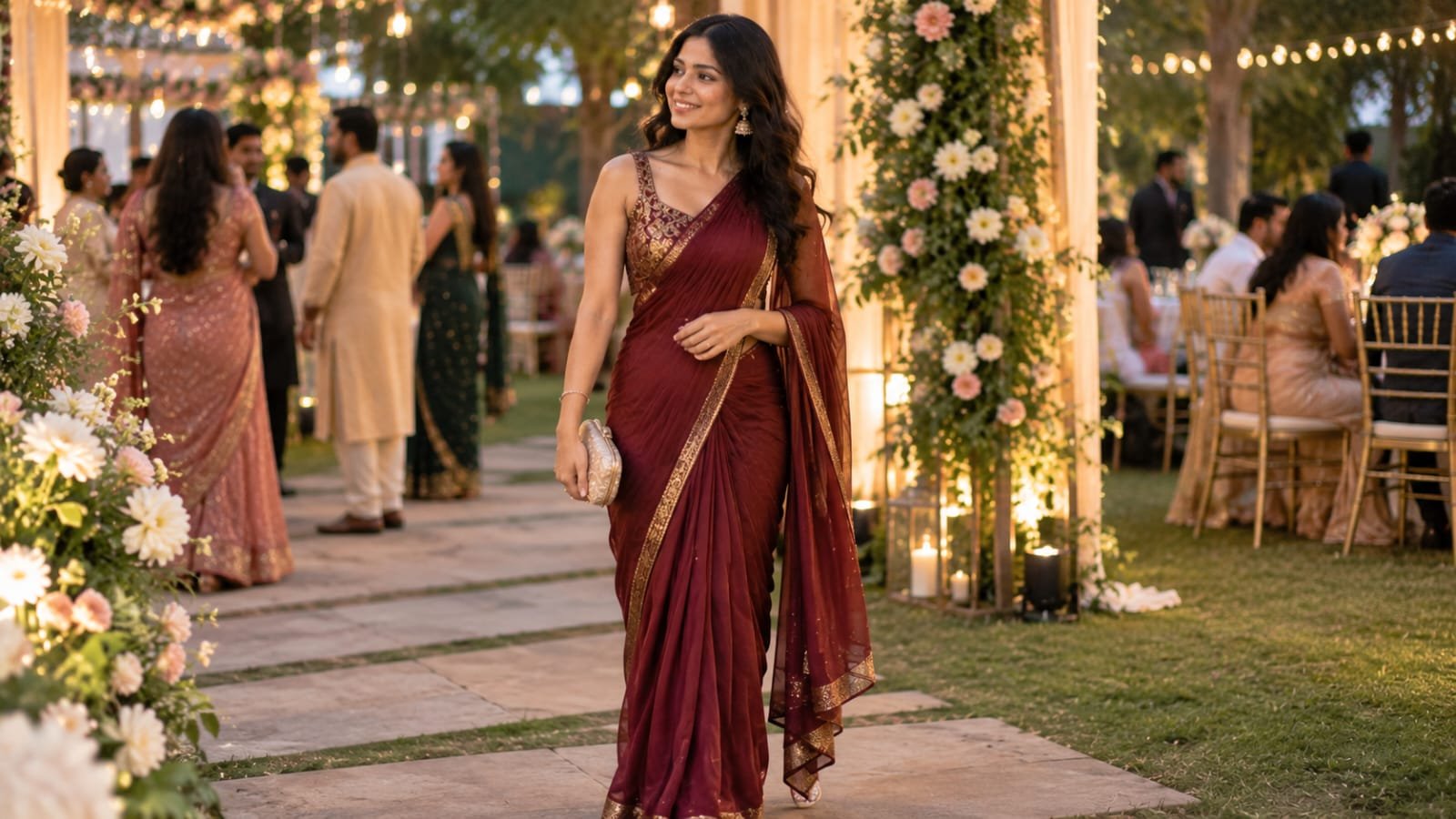 1 minute saree wedding guest outfit with pre-draped pleats