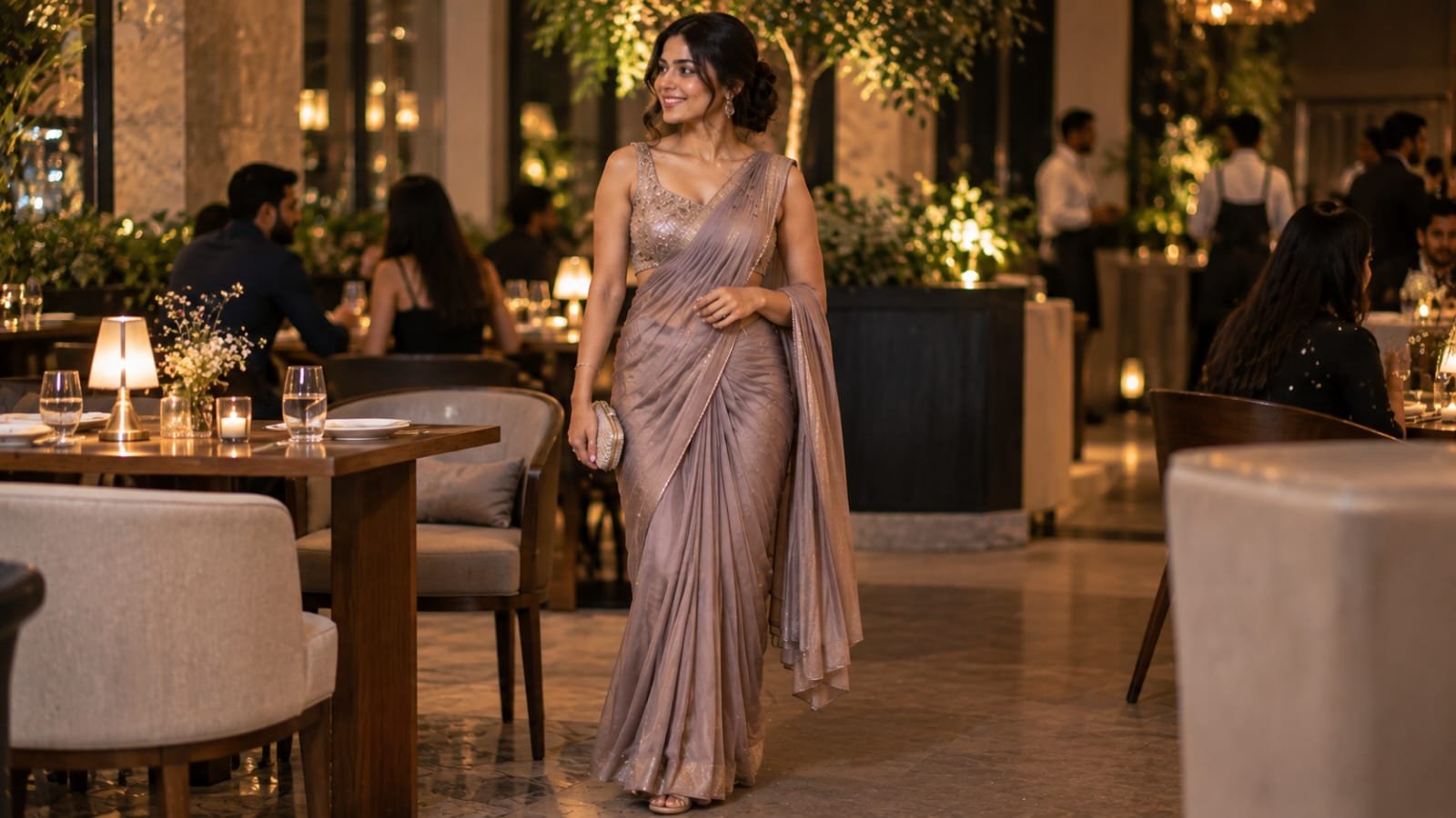 Minimal pre-draped saree for dinner