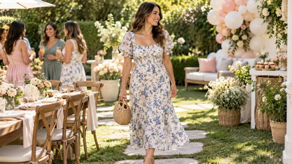 Woman in floral midi dress at an outdoor baby shower