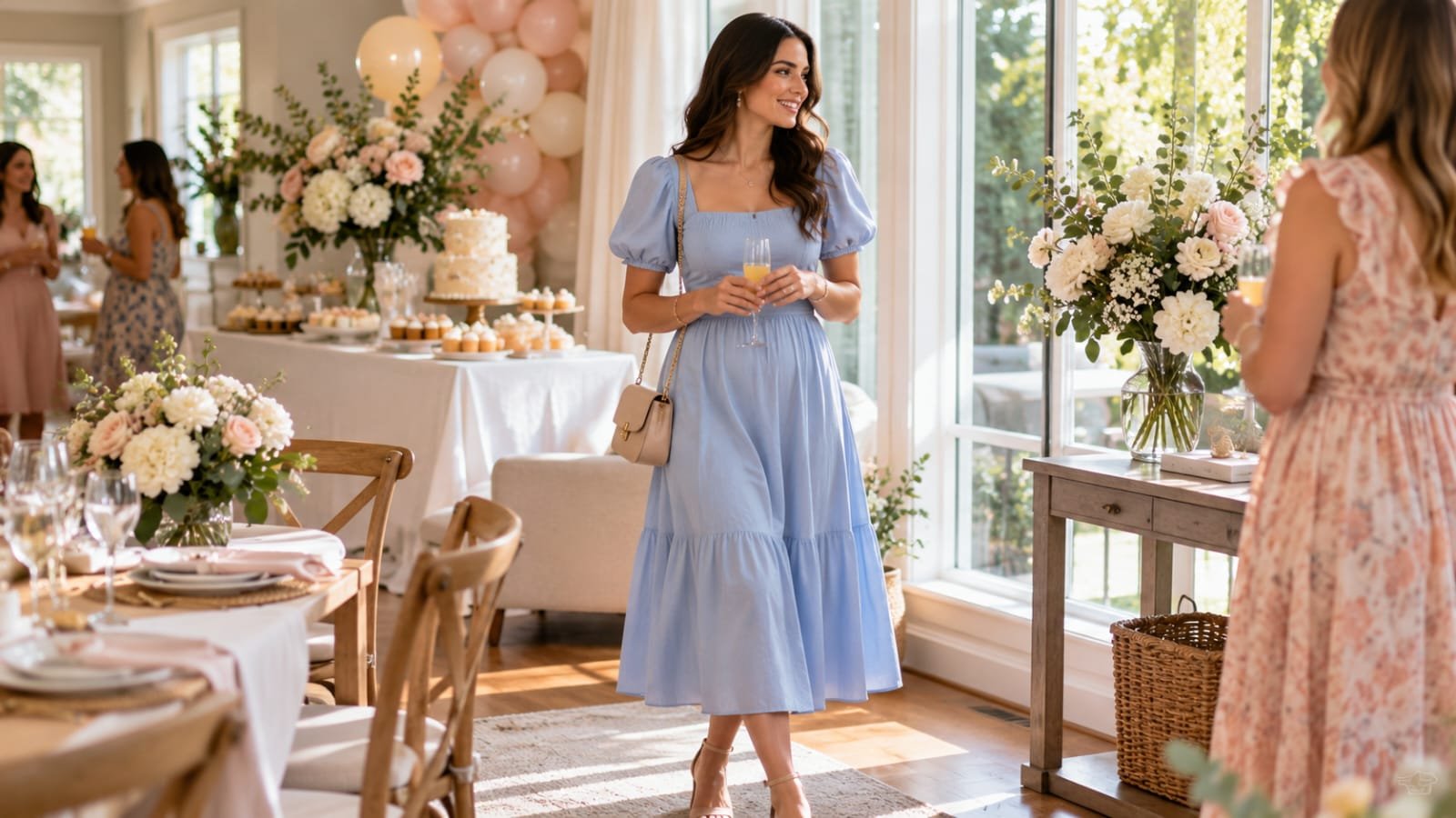 Woman in soft blue midi dress at a baby shower
