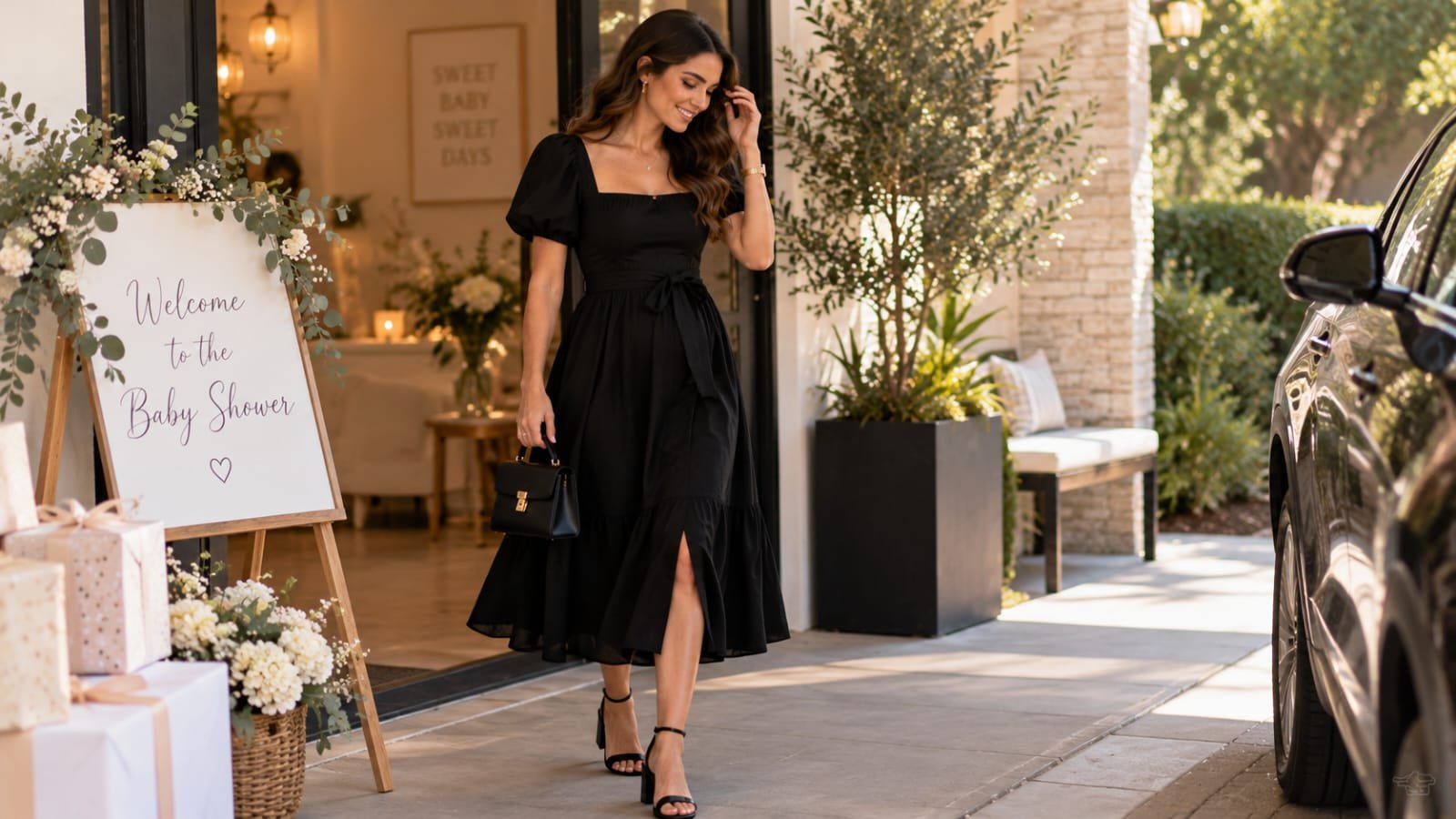 Woman in black midi dress arriving at a baby shower