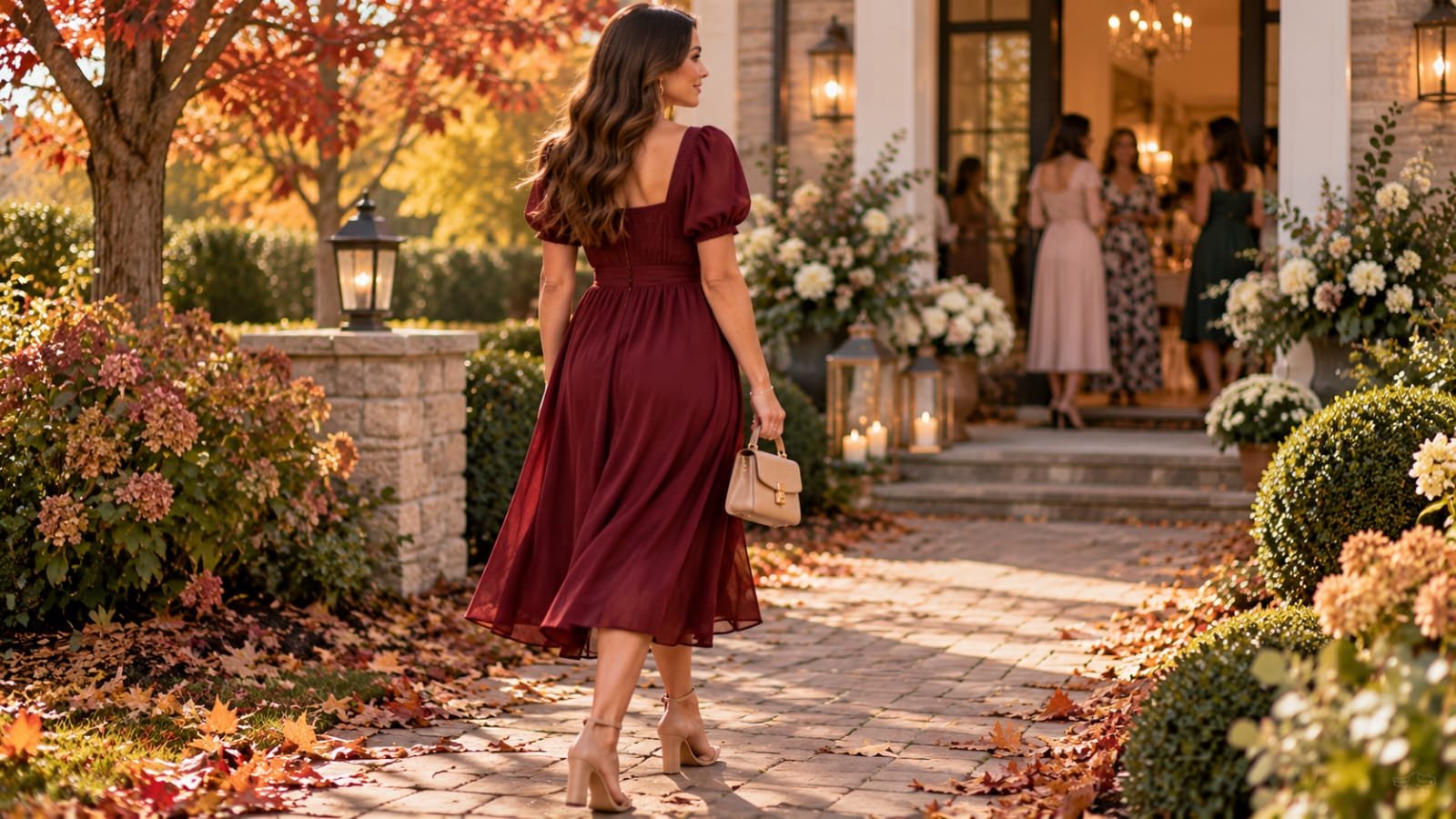 Woman in burgundy midi dress at a fall baby shower