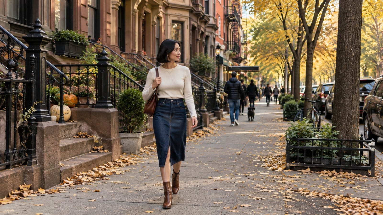 Dark denim midi skirt with ivory sweater and brown boots for fall.