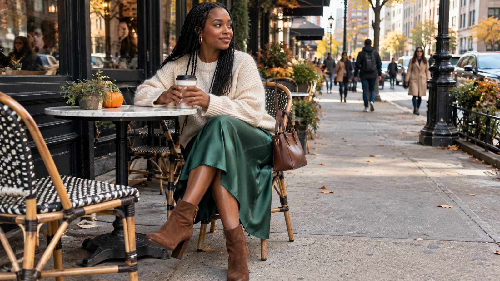 Emerald satin midi skirt with a cream chunky sweater and brown boots at a fall café.