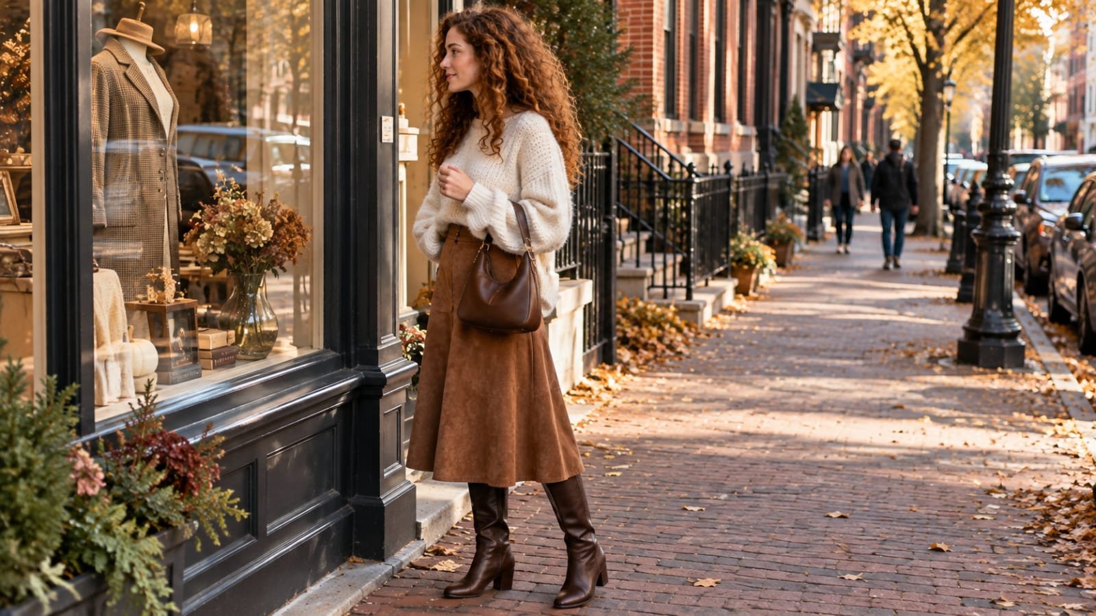 Woman wearing a camel suede midi skirt and cream sweater with brown boots.