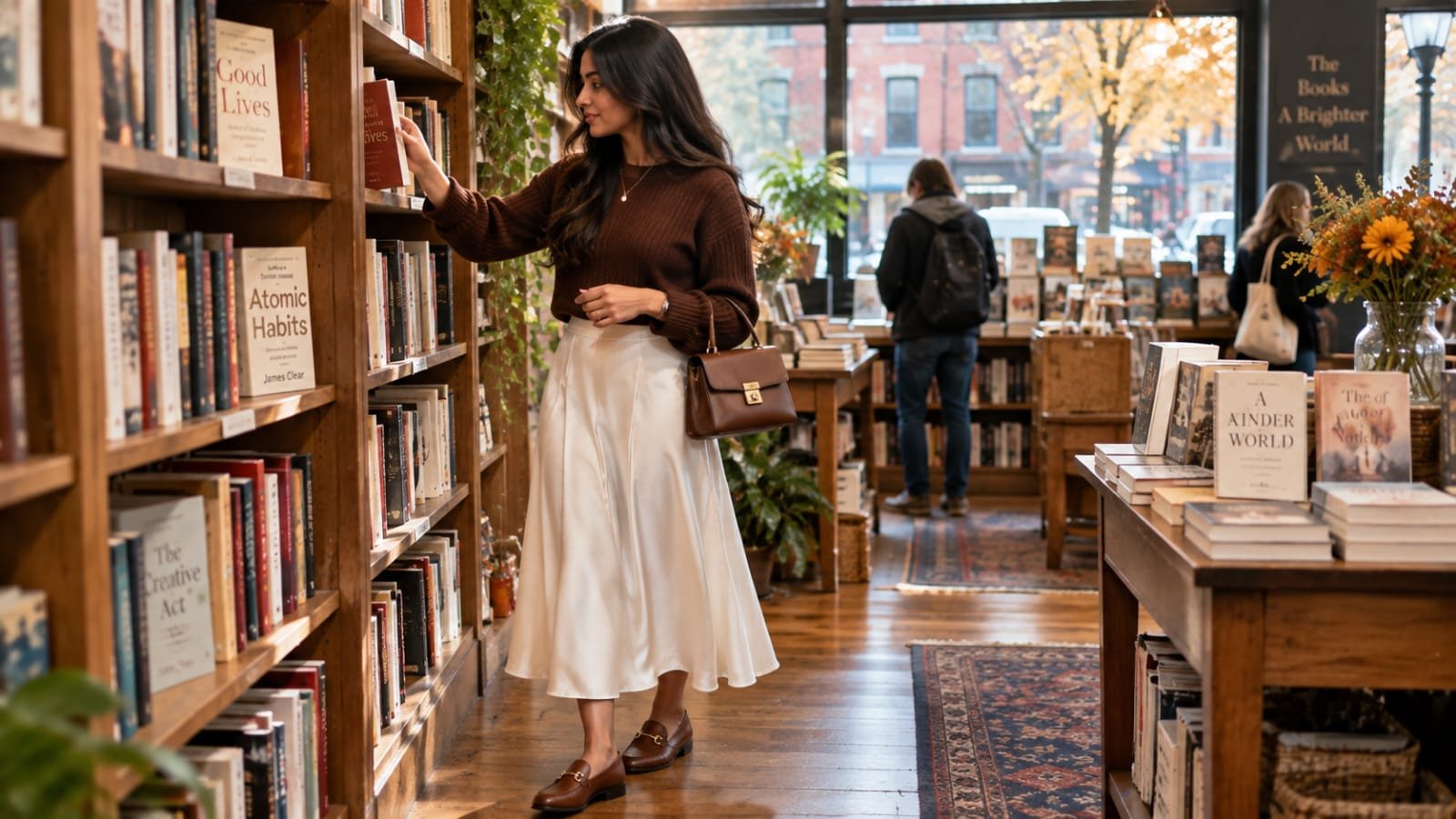 White midi skirt with a brown sweater and loafers in a cozy bookstore.