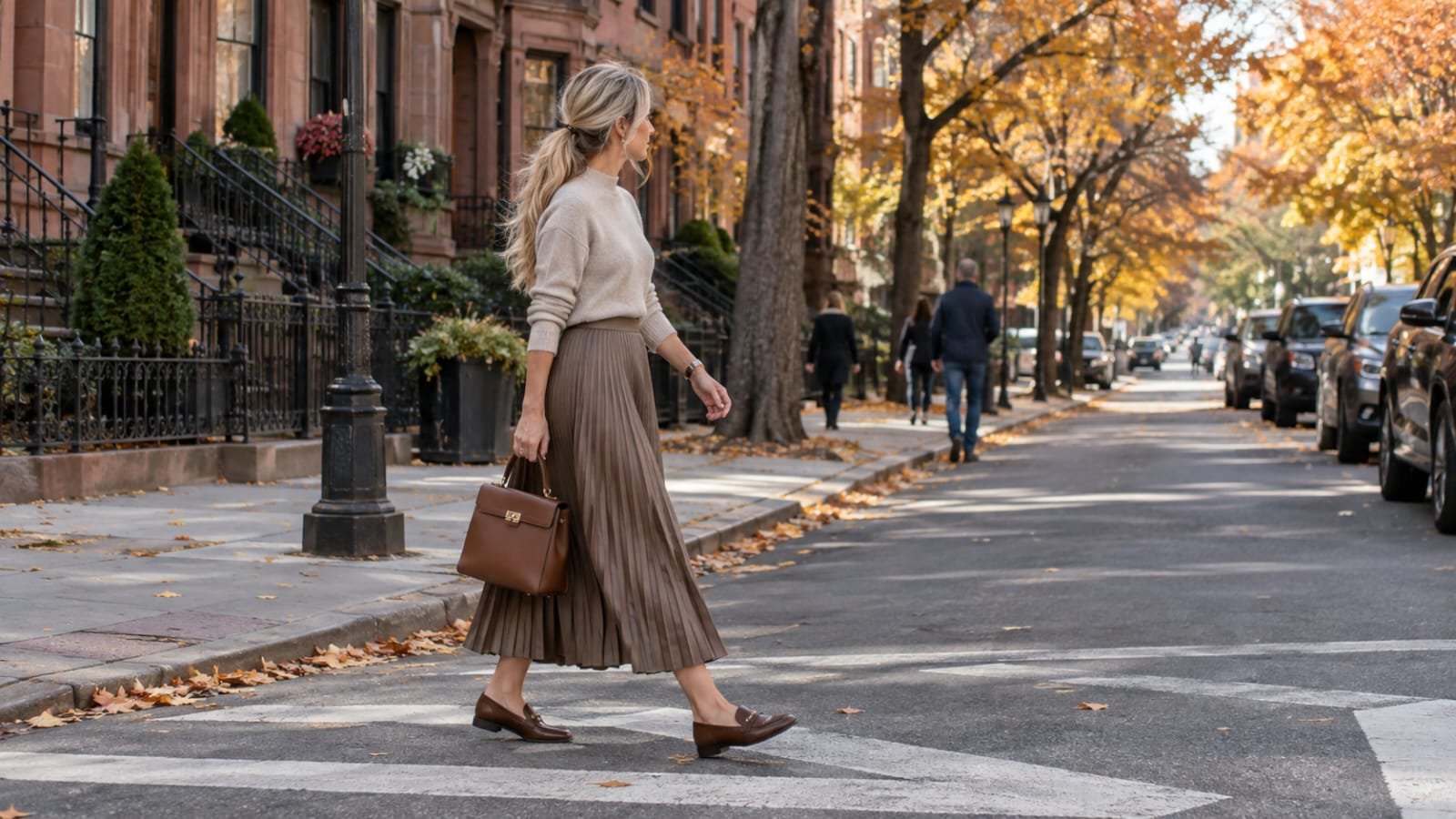 Pleated taupe midi skirt with an oatmeal sweater and brown loafers for fall.