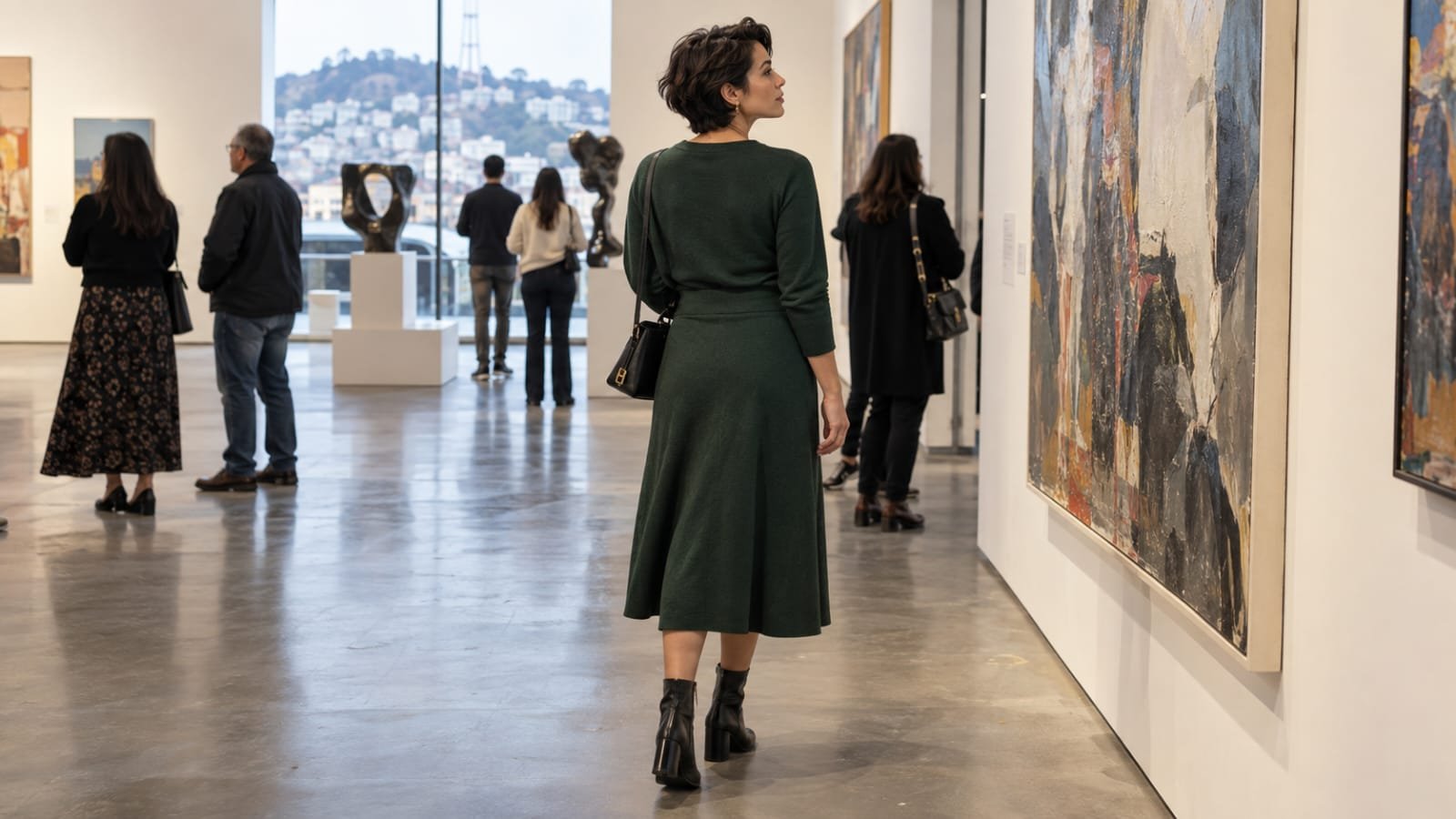 Forest-green midi skirt set with black ankle boots in an art gallery.