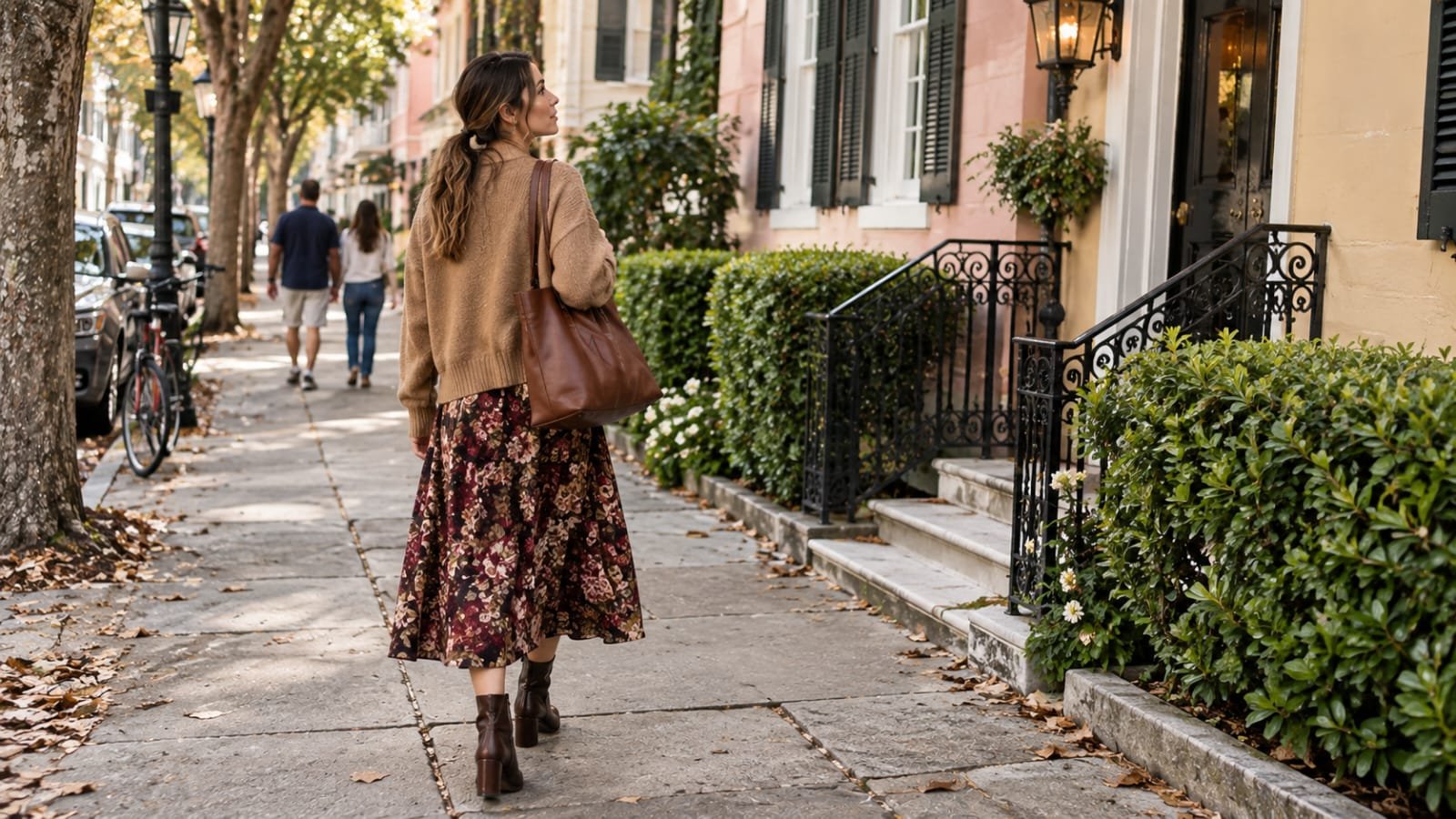 Floral midi skirt with a camel cardigan and brown boots for fall.