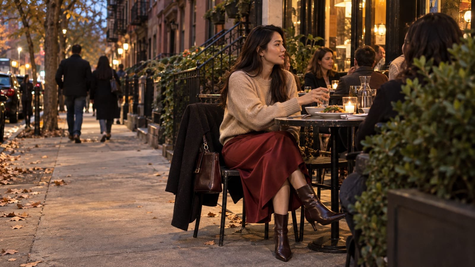 Red midi skirt with a beige sweater and brown boots at an outdoor fall dinner.