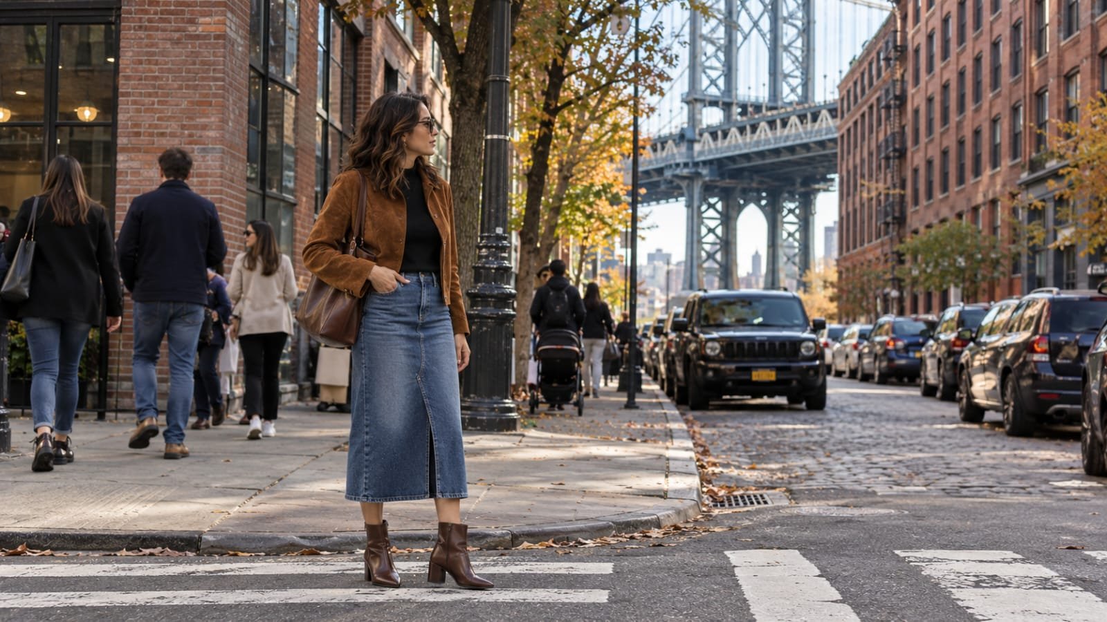 Denim midi skirt with a suede jacket and brown ankle boots.