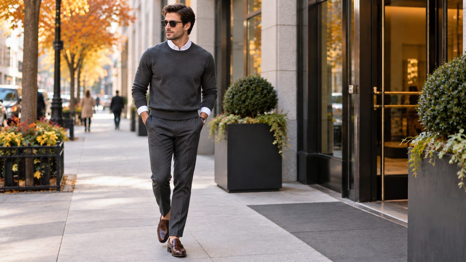 Man wearing a charcoal crew-neck sweater over a white dress shirt