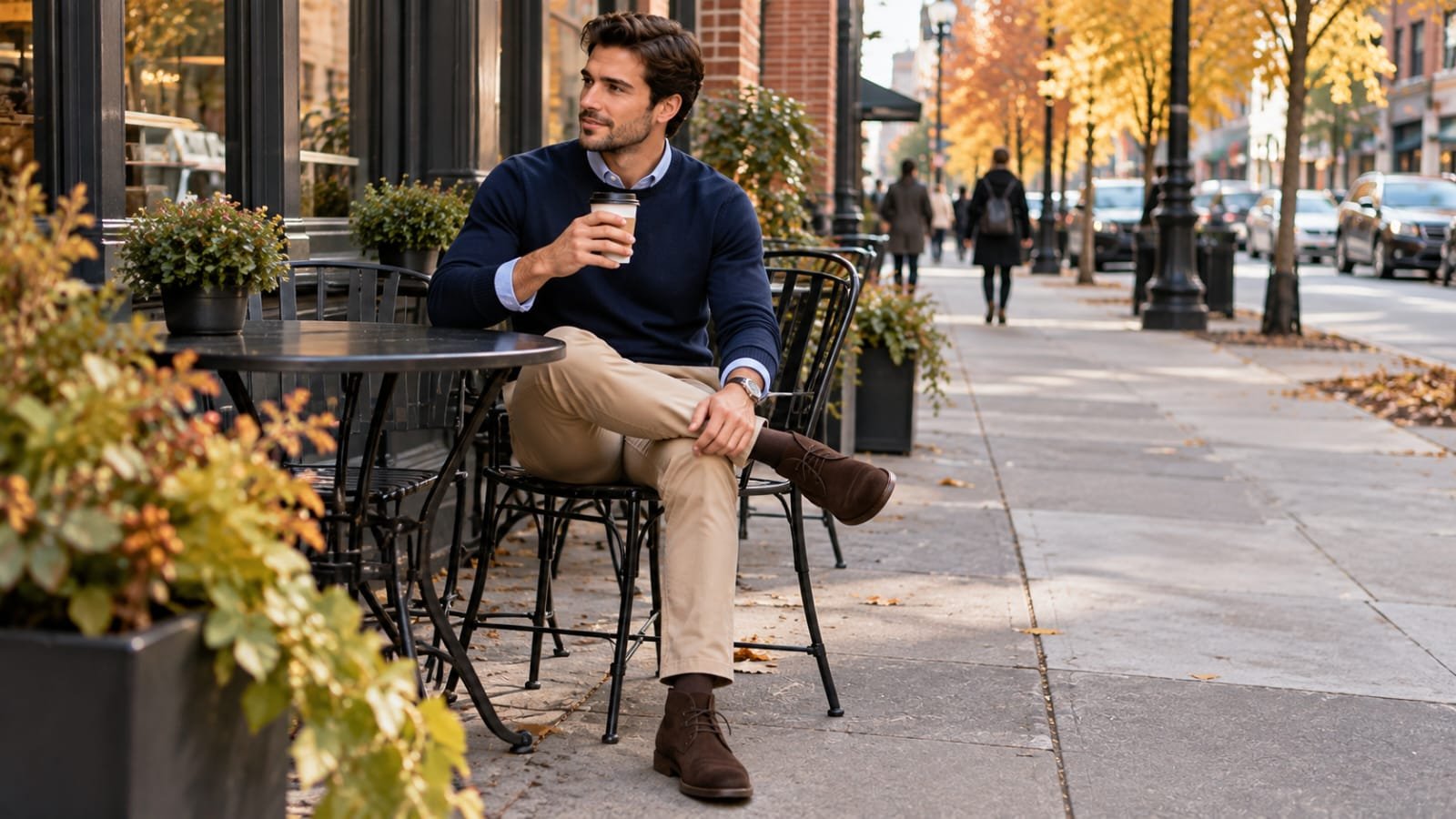Man wearing a navy sweater with a light blue Oxford shirt