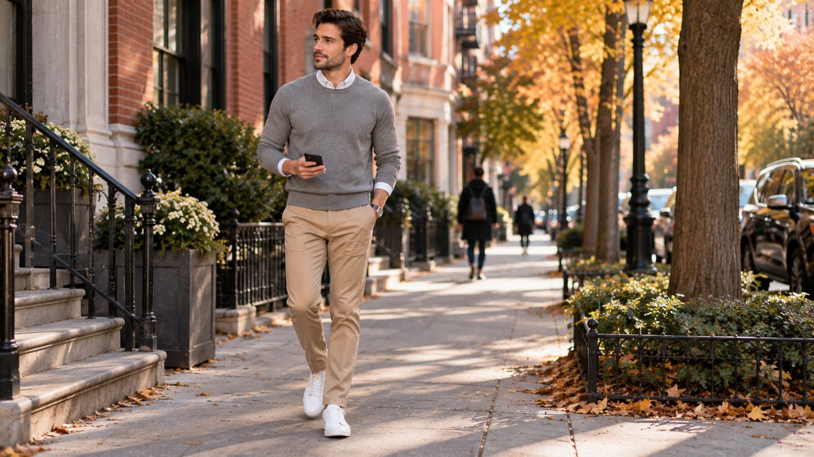 Man wearing a gray sweater with tan chinos and a white shirt