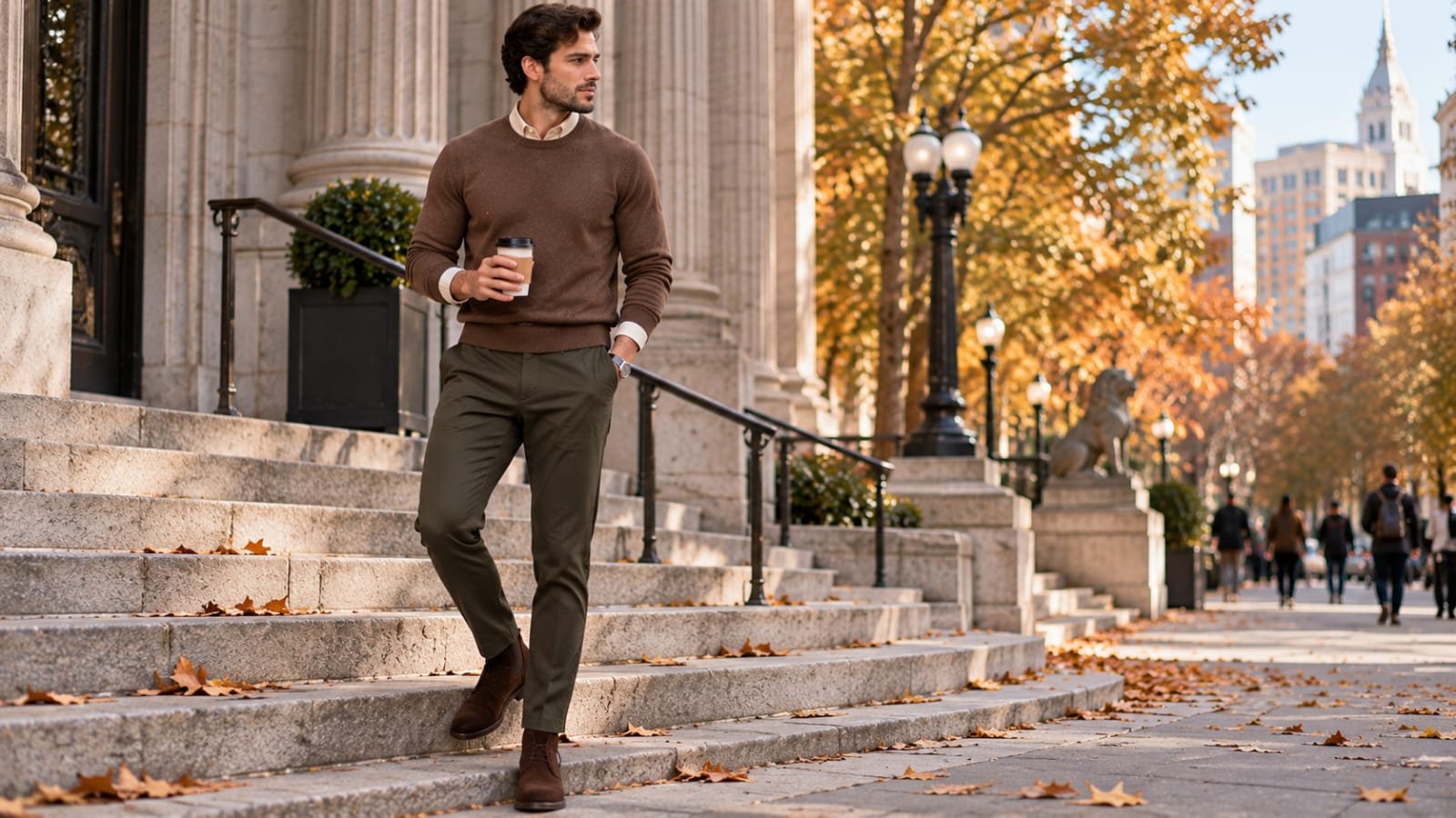 Man wearing a brown sweater with a cream dress shirt and olive trousers