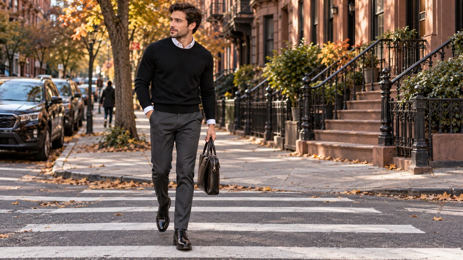 Man wearing a black sweater over a white dress shirt