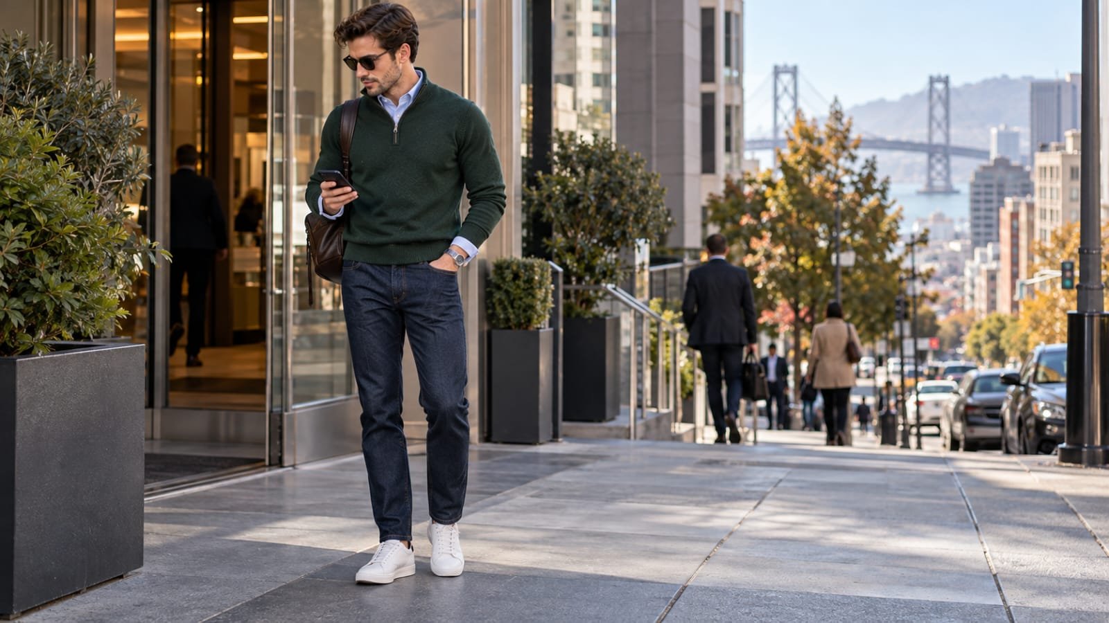 Man wearing a forest green quarter-zip sweater with a blue button-down shirt