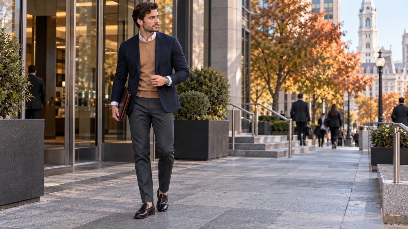 Man wearing a camel sweater under a navy blazer with a white shirt
