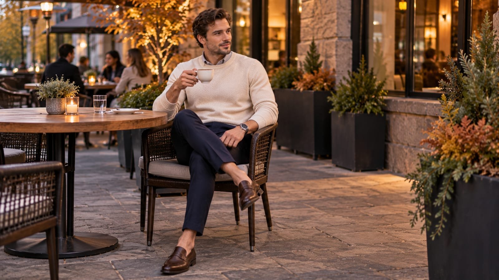 Man wearing a cream knit sweater with dark trousers and brown loafers
