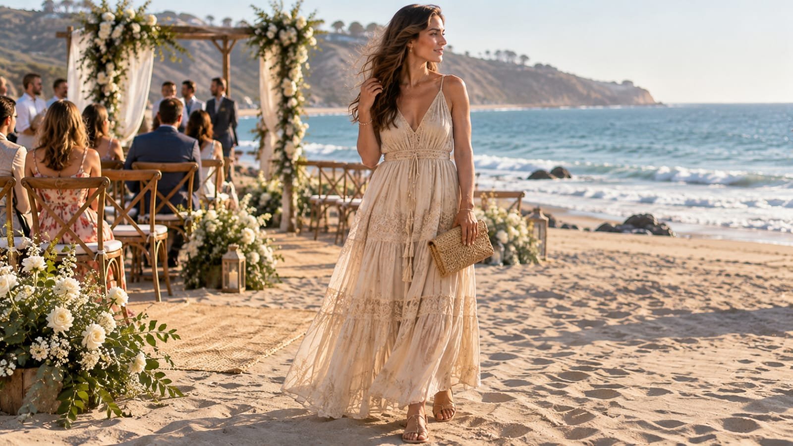 Woman wearing a champagne boho maxi dress with a woven clutch at a beach wedding