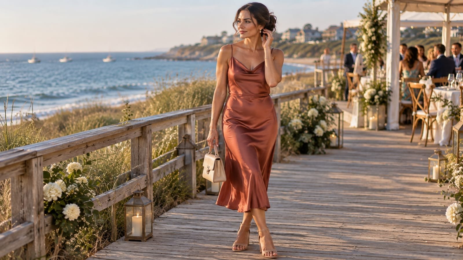 Woman wearing a terracotta satin slip midi dress with block-heel sandals at a beach wedding