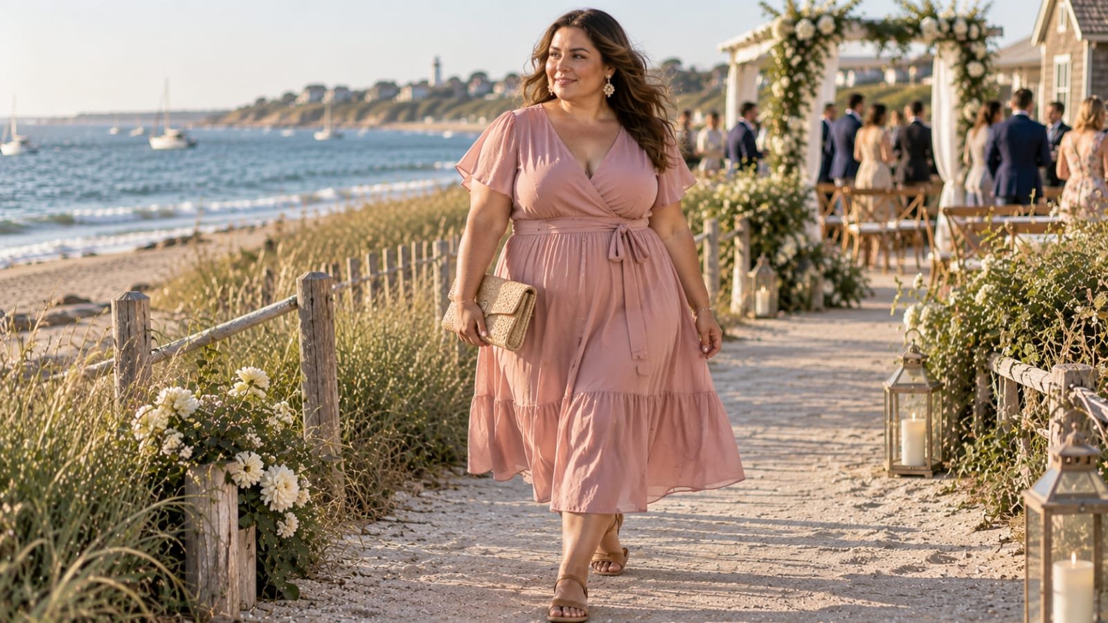 Plus-size woman wearing a dusty pink midi dress and tan sandals at a beach wedding