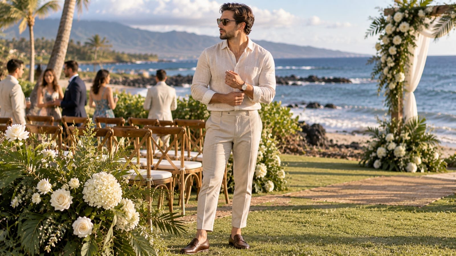 Man wearing a beige linen shirt with tailored trousers and brown loafers at a beach wedding