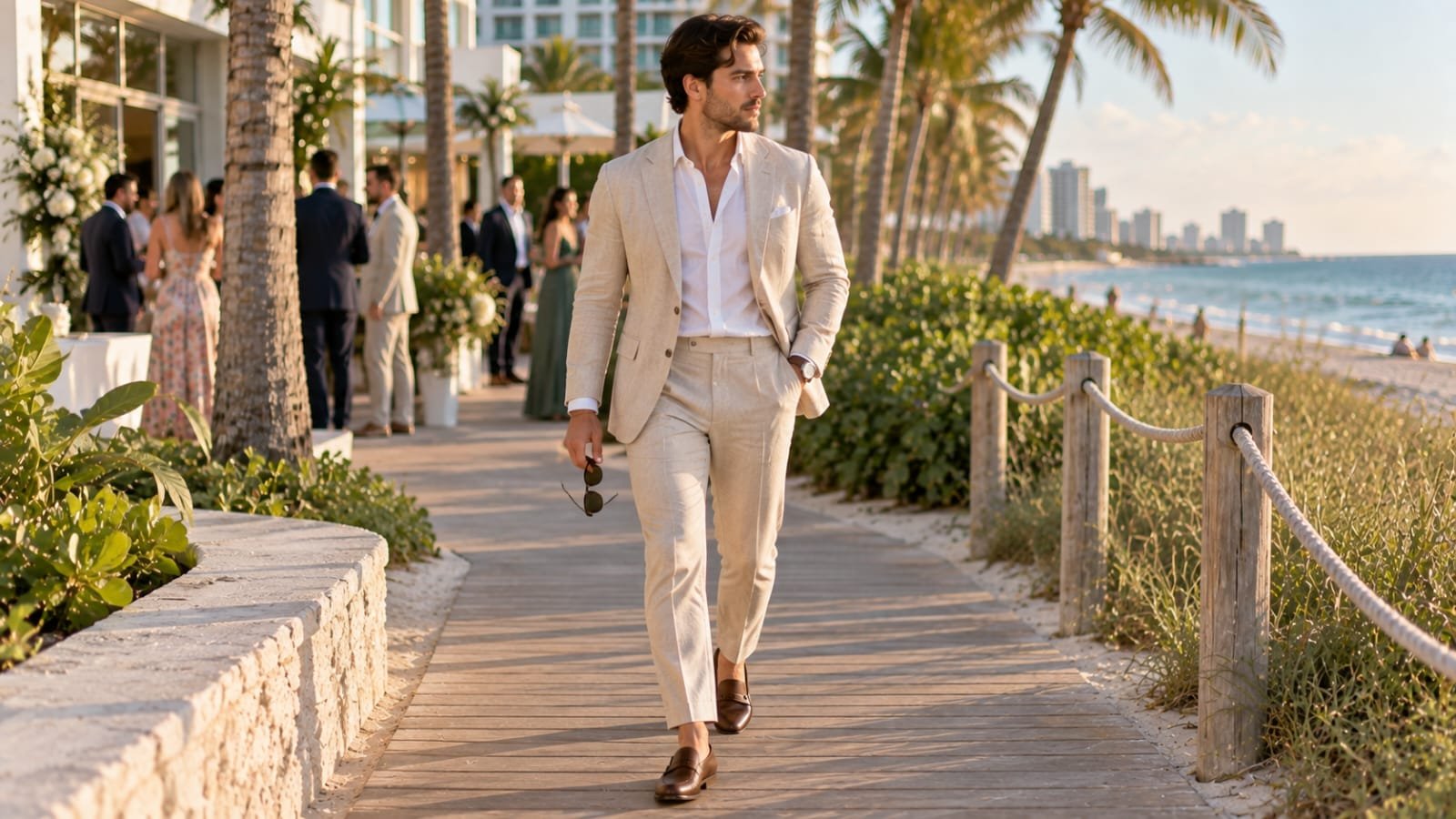 Man wearing a lightweight beige suit with a white shirt and brown loafers at a beach wedding
