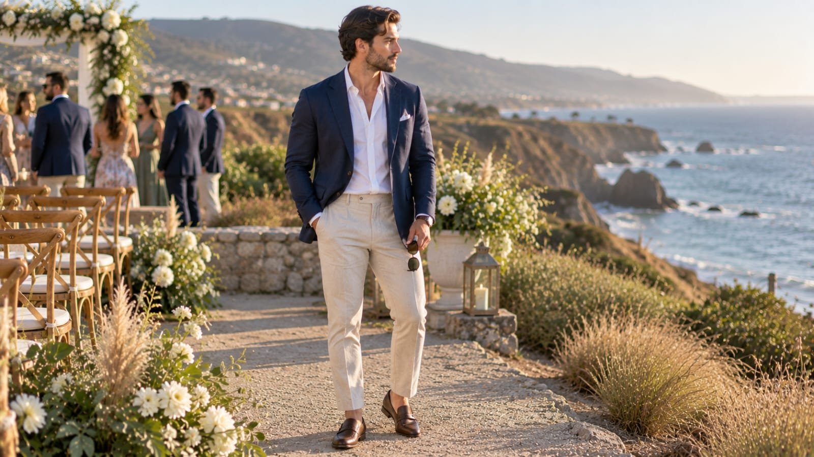 Man wearing a navy blazer with light trousers and brown loafers at a coastal wedding venue