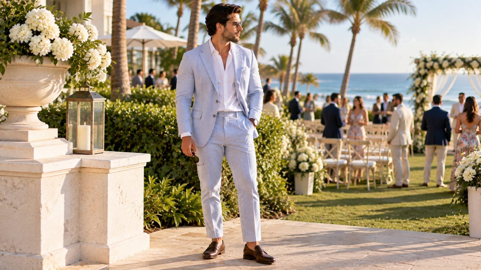 Man wearing a blue and white seersucker suit with brown loafers at a beach wedding