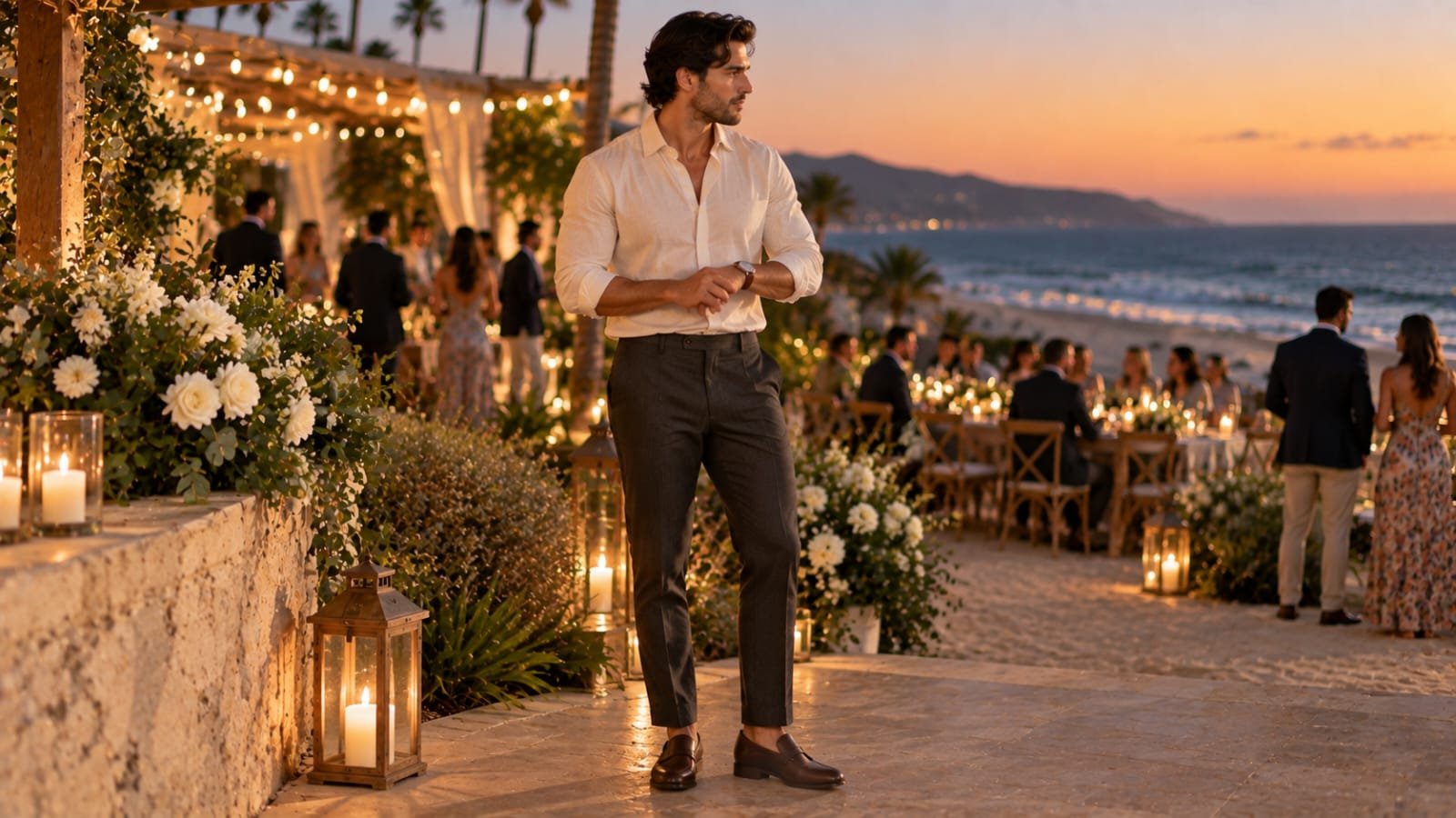 Man wearing a cream shirt, tailored dark trousers, and brown loafers at an evening beach wedding