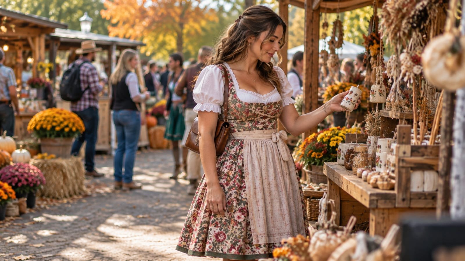 Woman wearing a floral dirndl at an outdoor fall festival market
