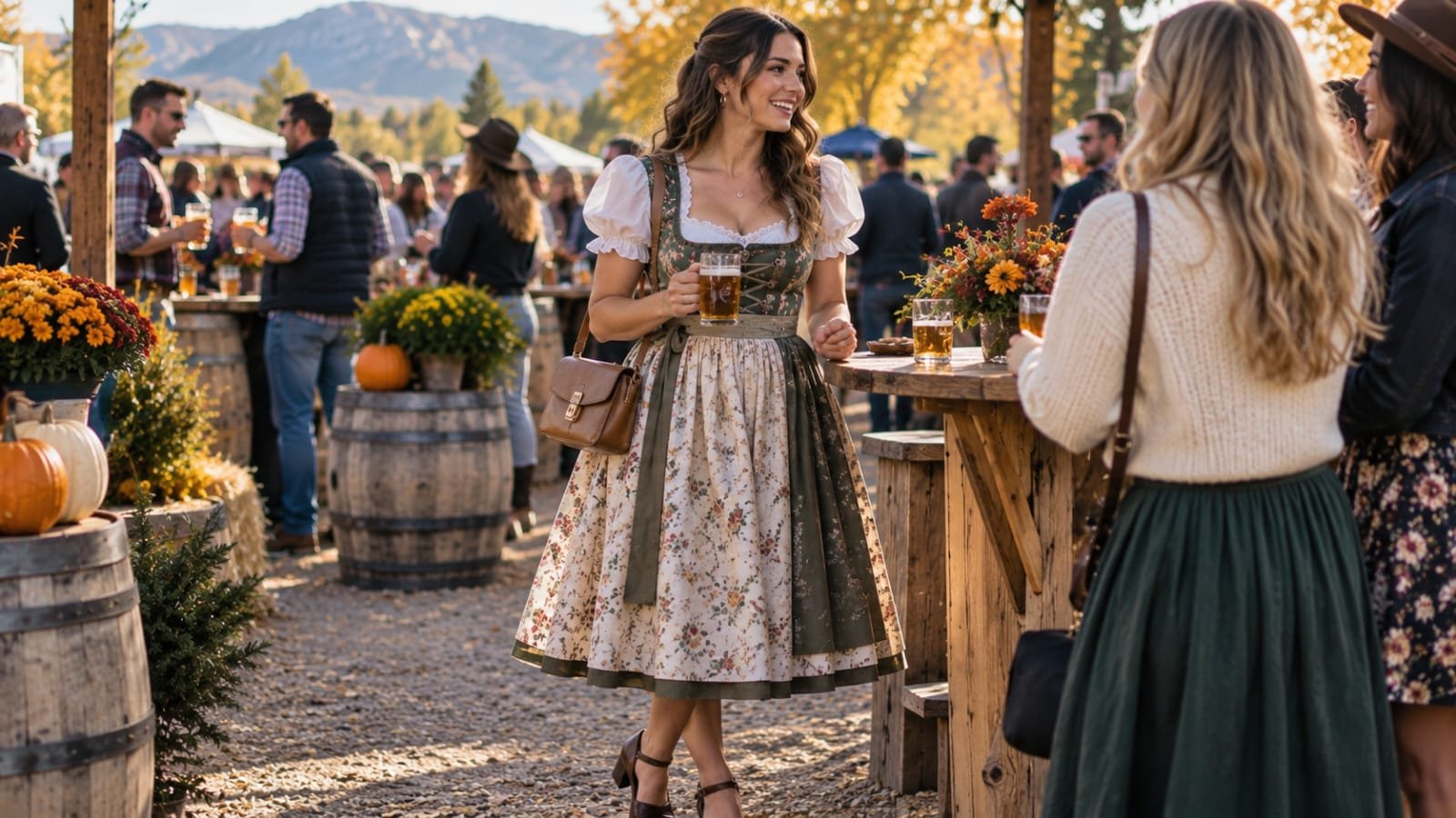 Woman wearing a modern dirndl-inspired midi dress at an Oktoberfest festival