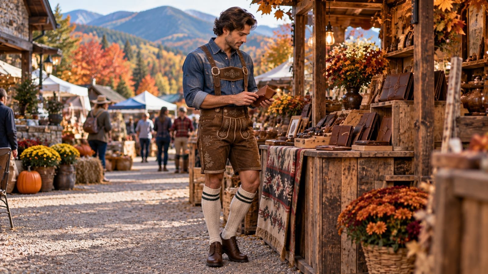 Man wearing a denim shirt and brown lederhosen while browsing an autumn artisan market in Asheville, North Carolina.