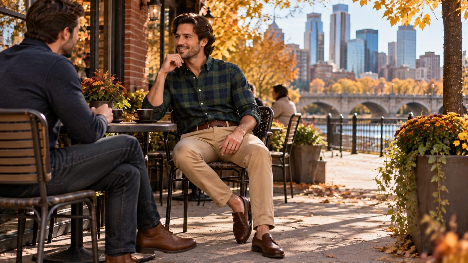 Man wearing a green and navy plaid shirt with tan chinos at an outdoor café in Minneapolis during fall.