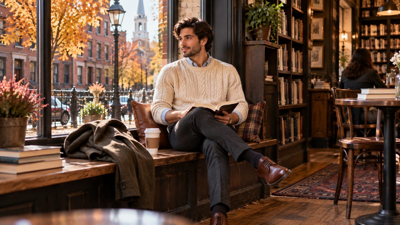 Man wearing a cream cable-knit sweater and dark trousers seated inside a cozy bookstore café in Boston during autumn.