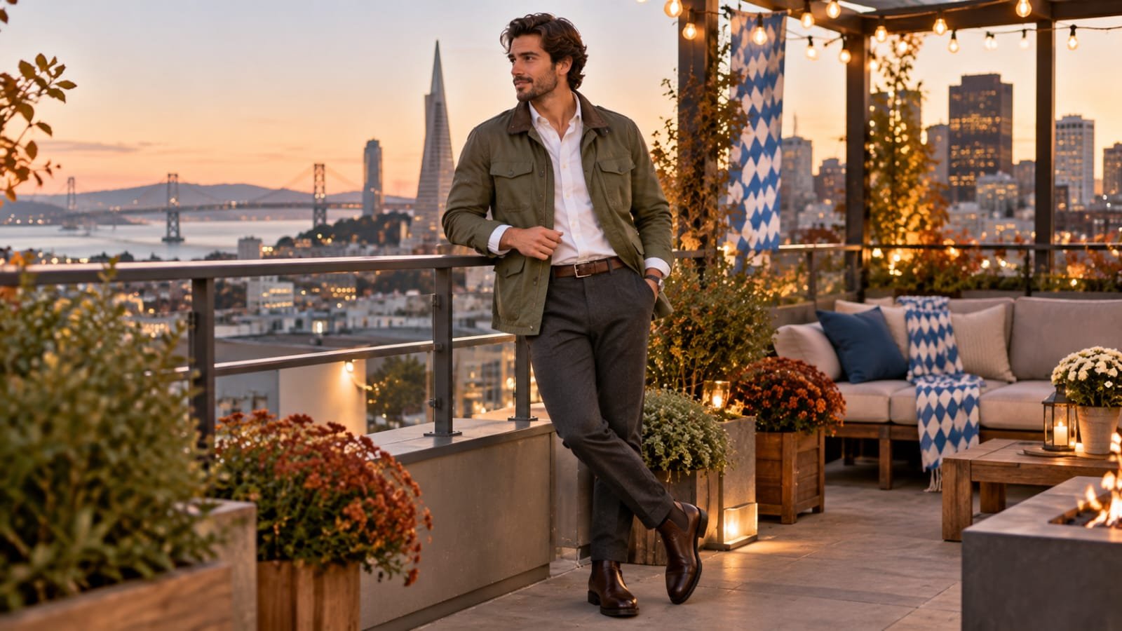 Man wearing an olive-green lightweight jacket, white shirt, and tailored trousers on a San Francisco rooftop terrace at sunset.