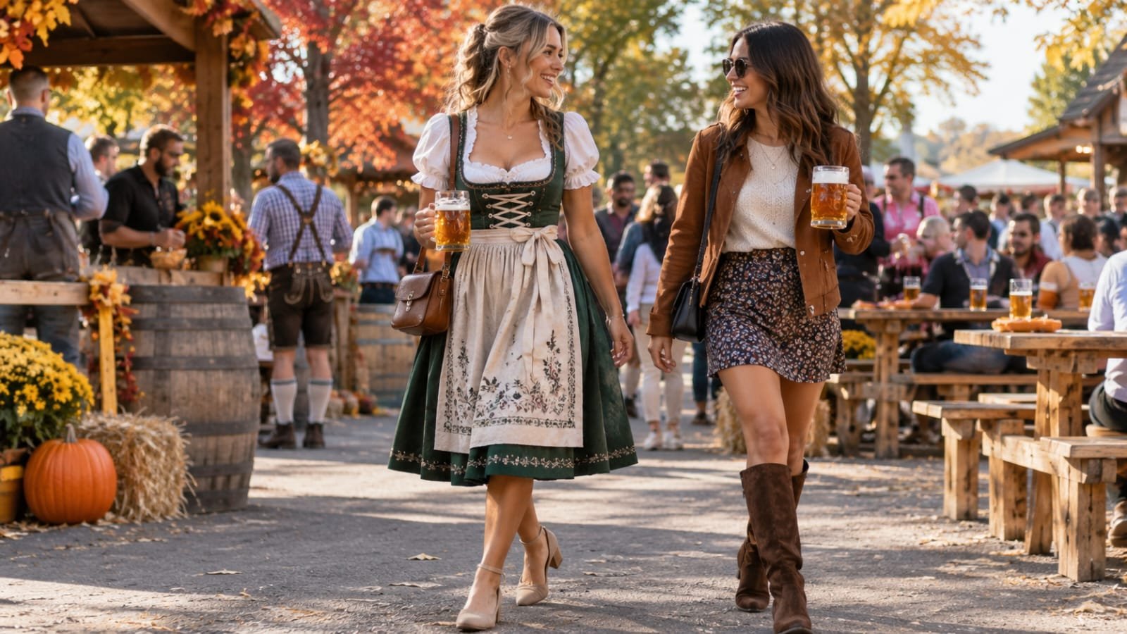 Woman wearing a green dirndl at an outdoor Oktoberfest festival