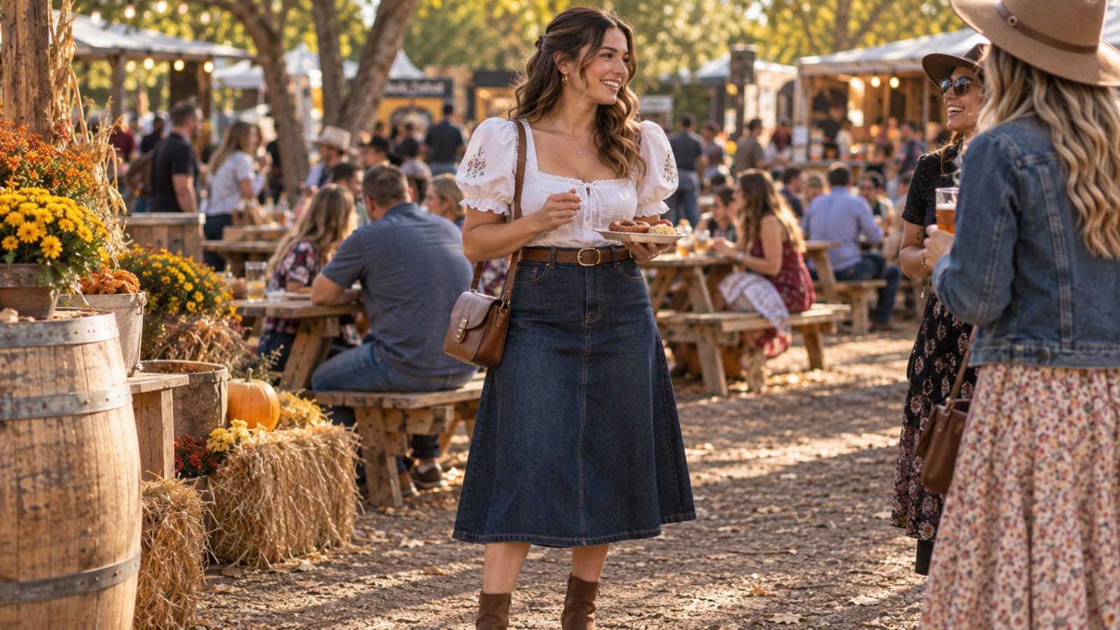 Woman wearing a white Bavarian-inspired blouse with a denim midi skirt