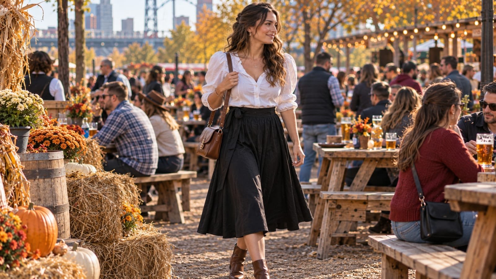 Woman wearing a white blouse and black midi skirt at an Oktoberfest festival