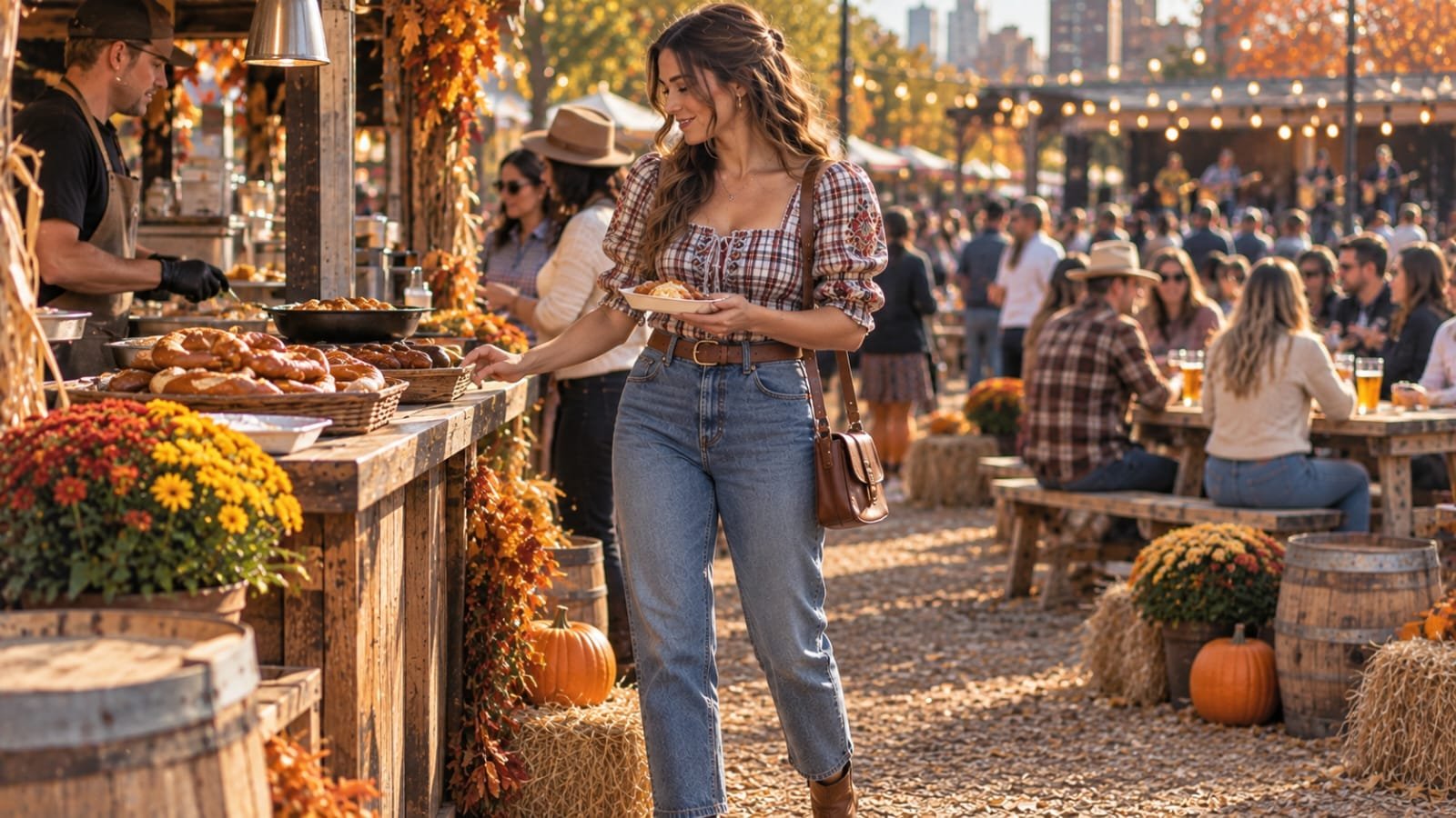 Woman wearing a plaid Bavarian-inspired blouse with jeans at an Oktoberfest festival