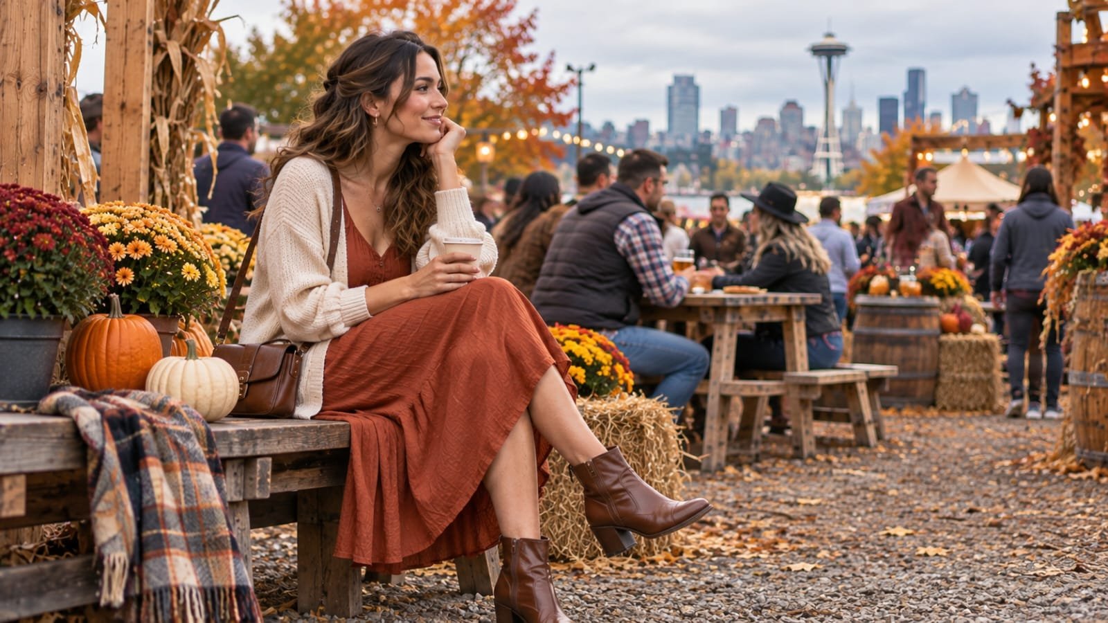 Woman wearing a rust midi dress and cardigan at an Oktoberfest festival