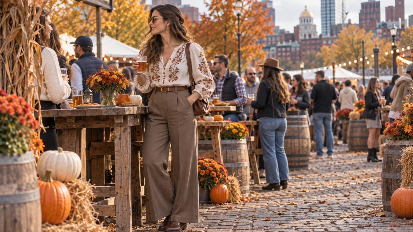 Woman wearing an embroidered blouse with wide-leg pants at an Oktoberfest festival