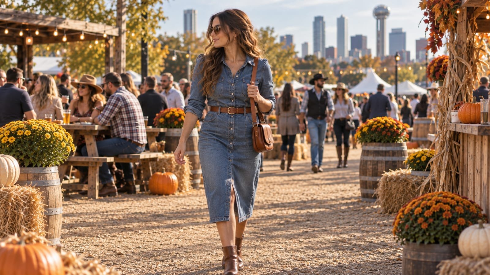 Woman wearing a denim midi dress with brown boots at an Oktoberfest festival
