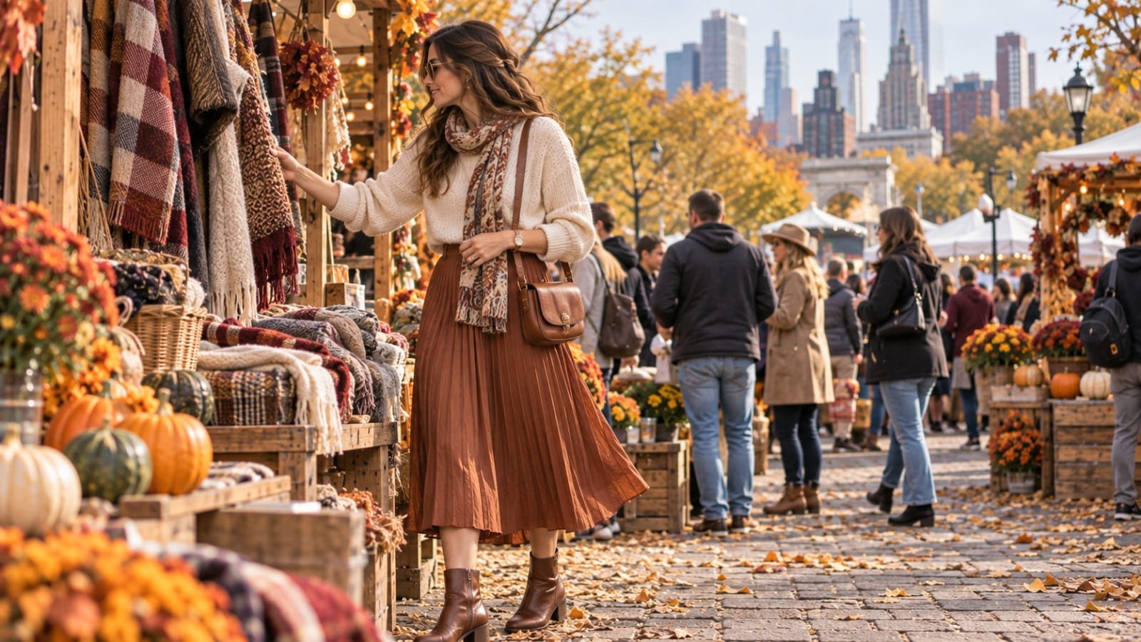 Woman wearing a cream sweater and pleated midi skirt at a fall festival market